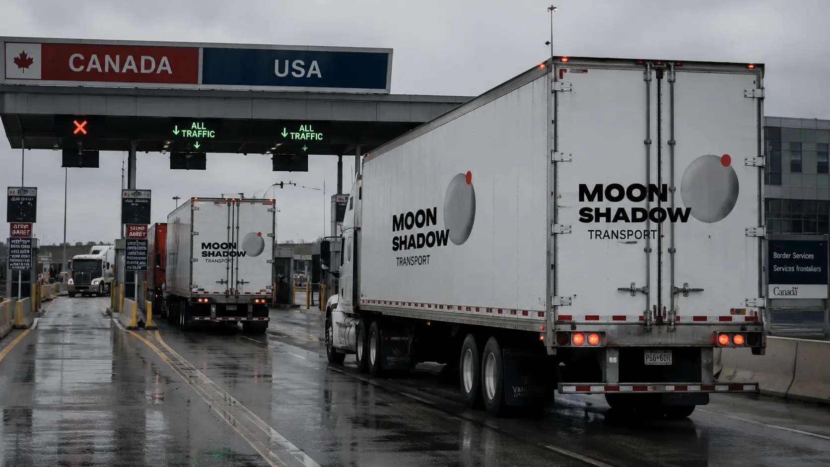 Cross-Border Shipping trailers positioned at commercial warehouse loading docks