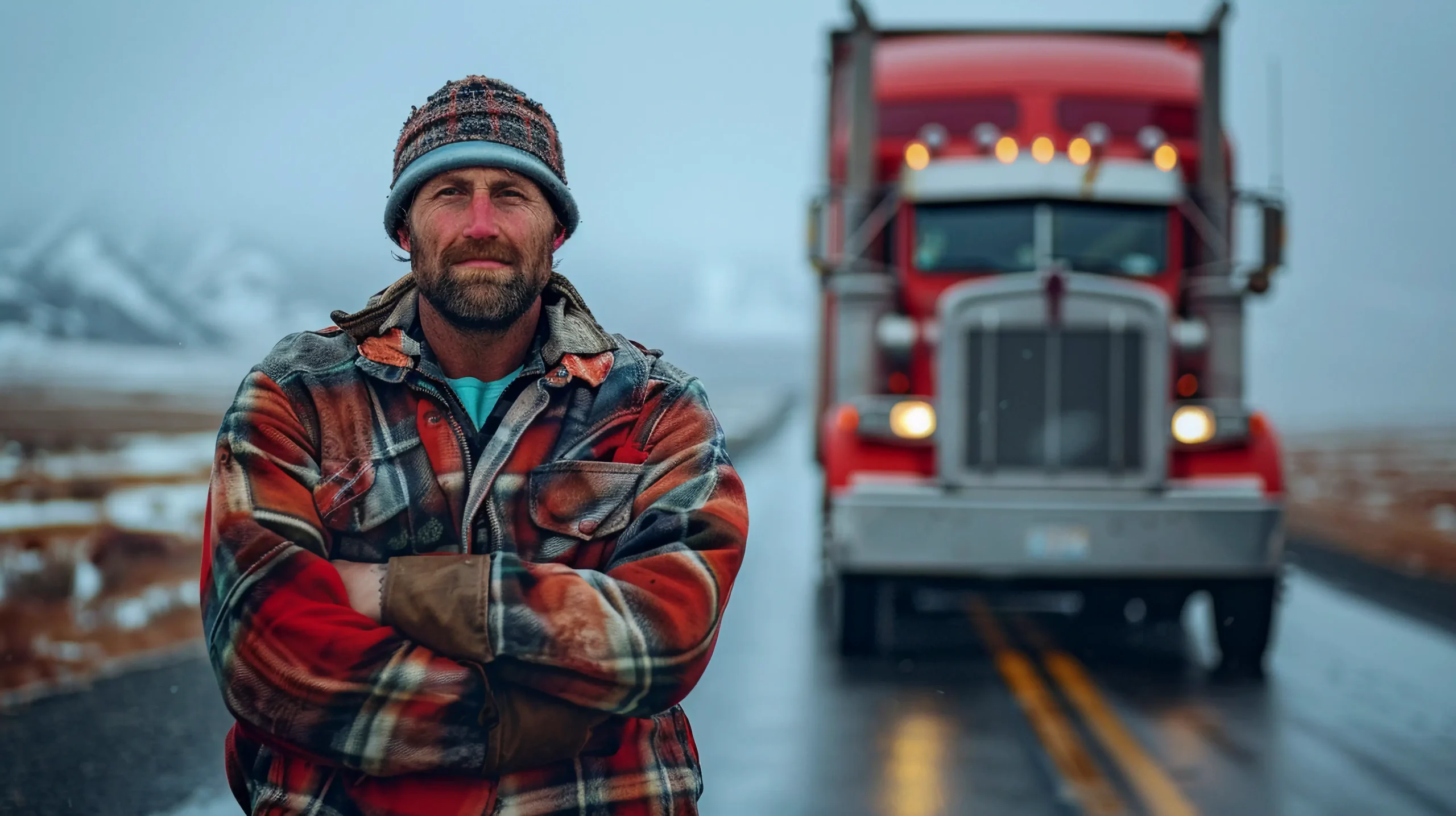Truck driver standing on winter road symbolizing cross-border freight forwarding USA to Canada