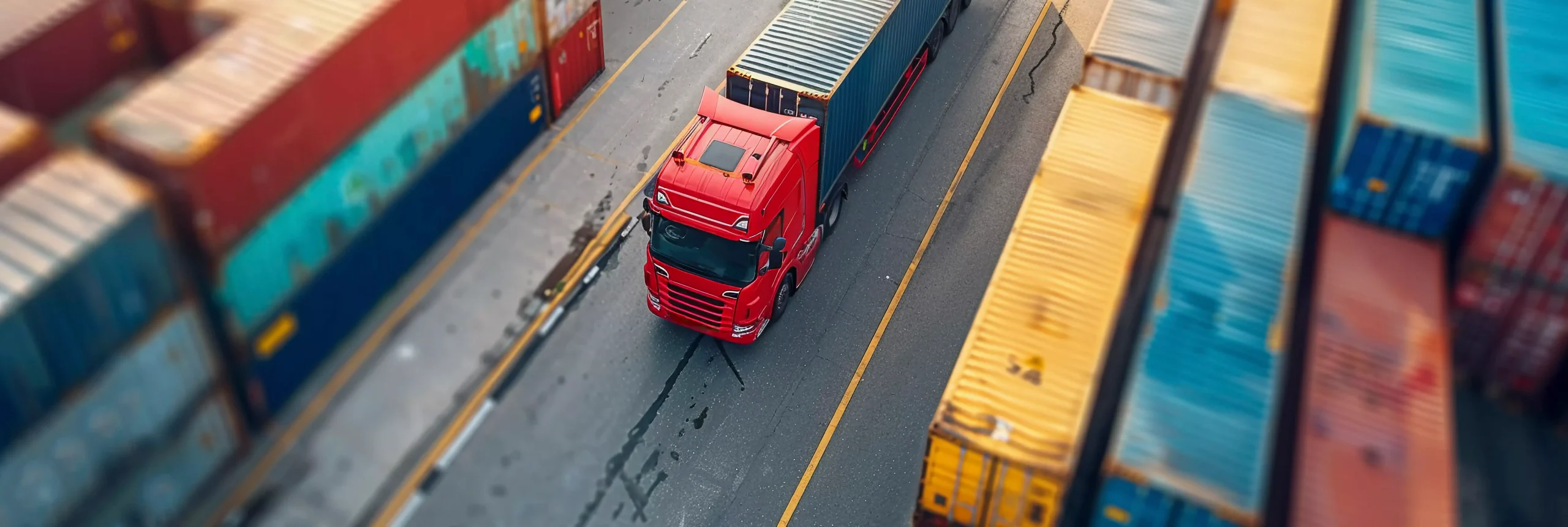 Commercial freight services truck transporting cargo through container terminal