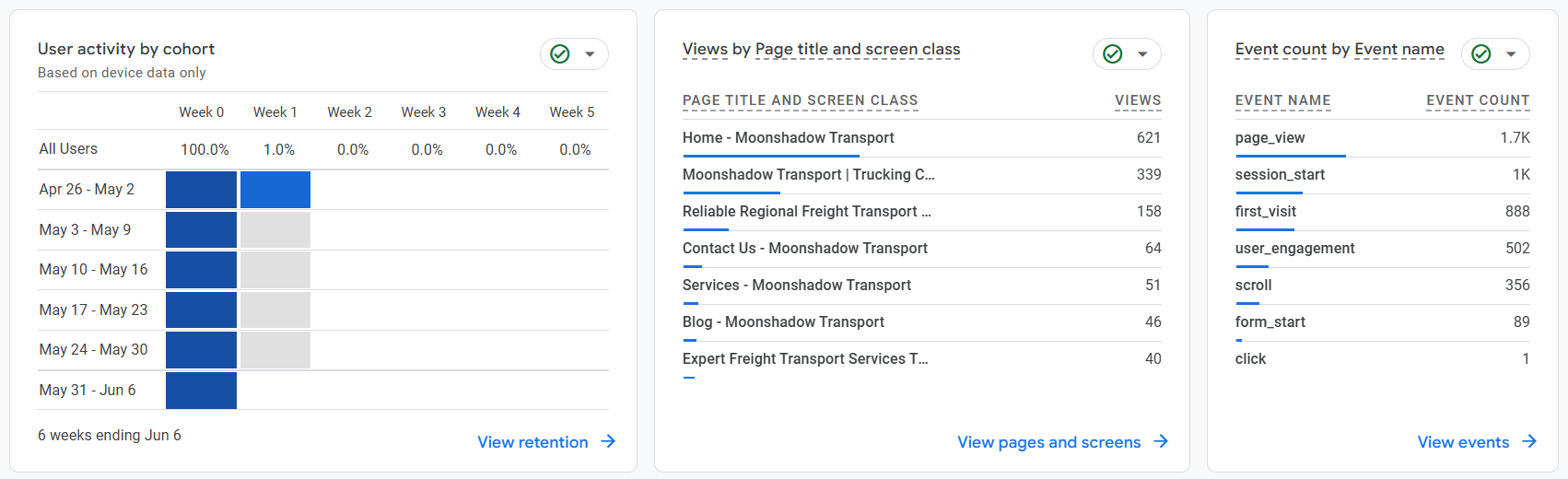 Google Analytics pages and engagement screenshot
