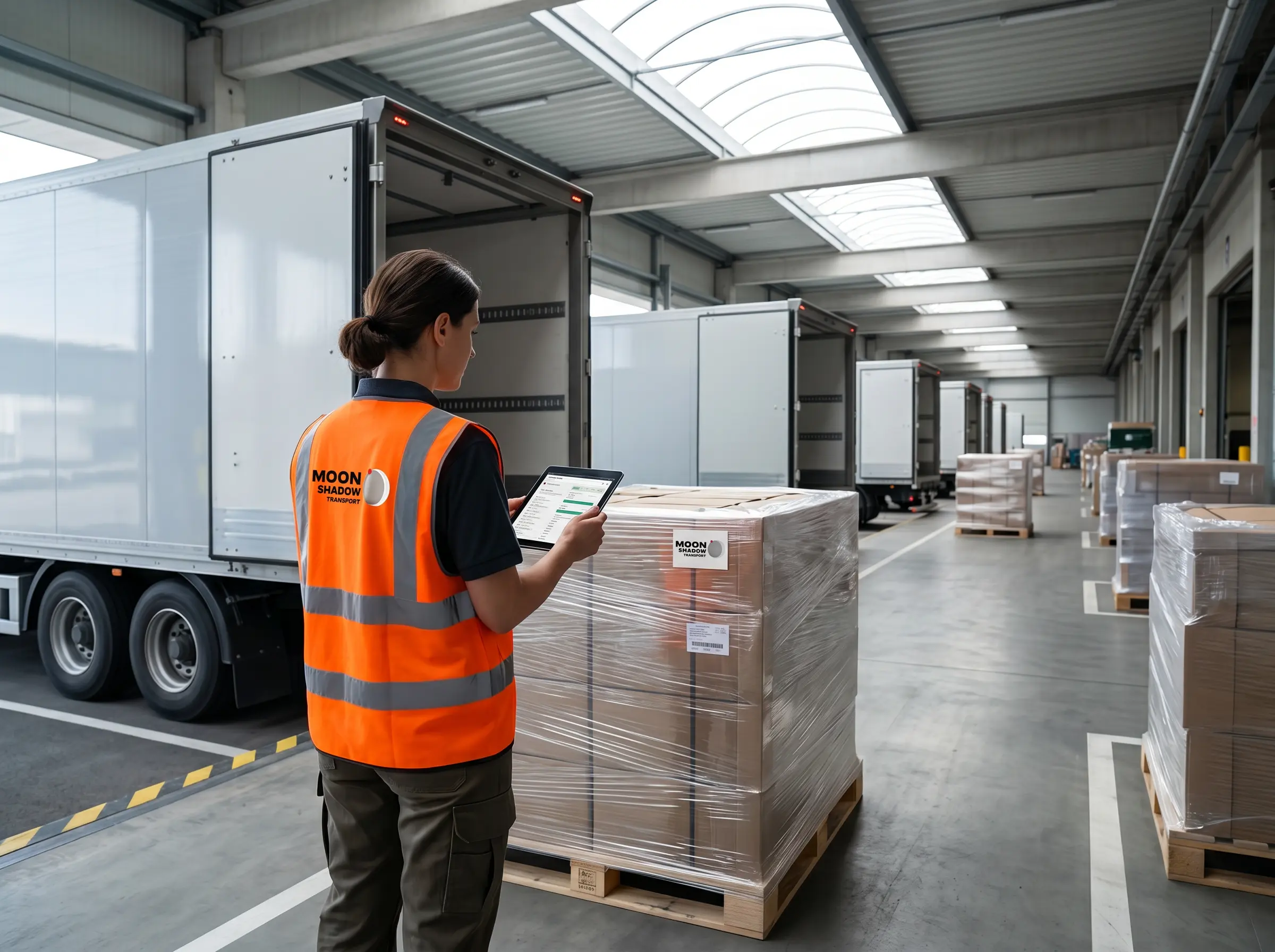 Cross-Border LTL Shipping operations with freight consolidation and shipment tracking inside a modern distribution center