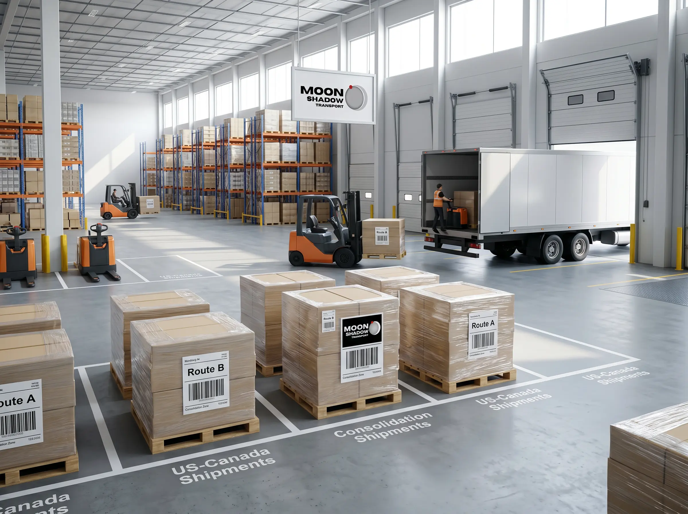 Cross-Border LTL Shipping warehouse preparing consolidated freight shipments for Canada–USA transportation