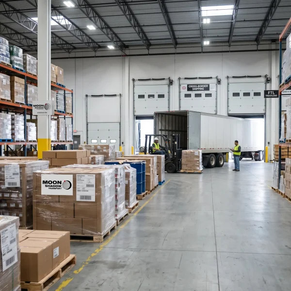 Cross Border Freight Forwarding warehouse coordinating international freight consolidation and shipment preparation between Canada and the USA