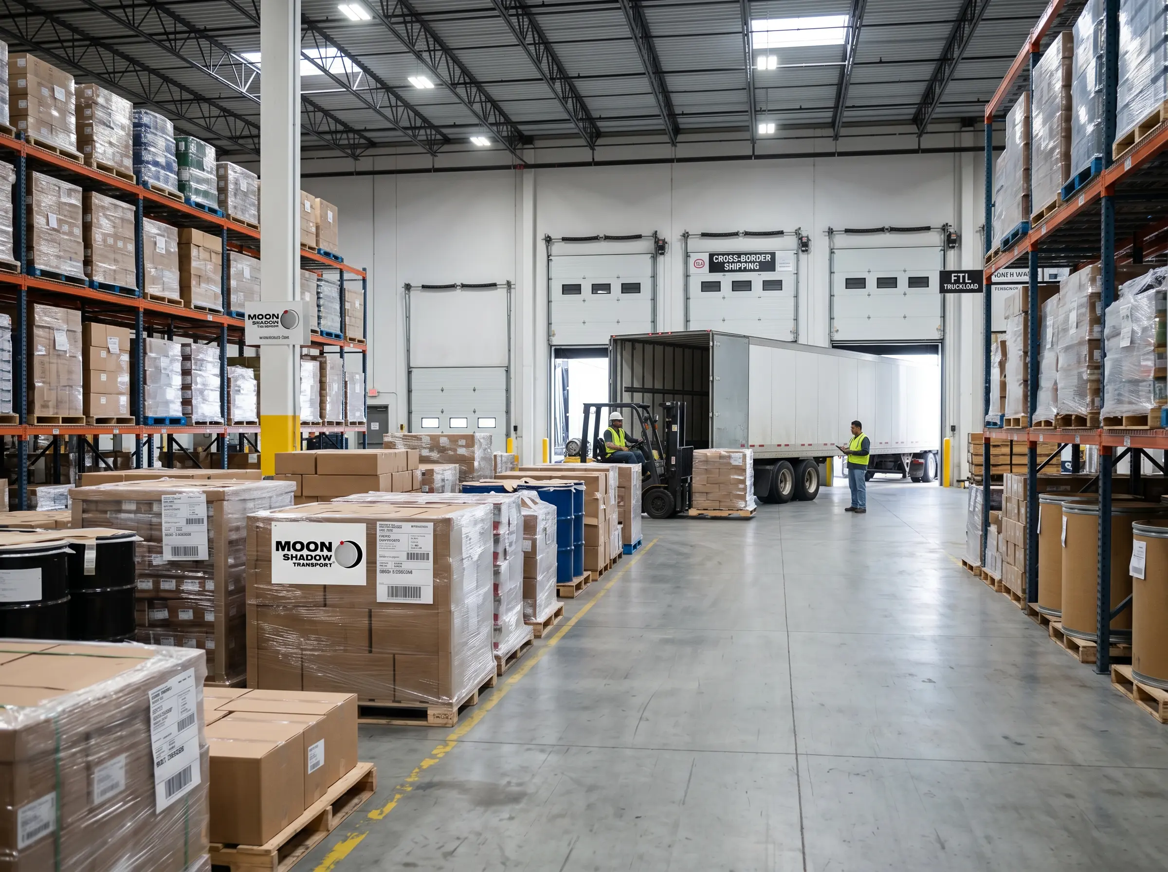 Cross-Border Freight Forwarding warehouse coordinating international freight consolidation and shipment preparation between Canada and the USA