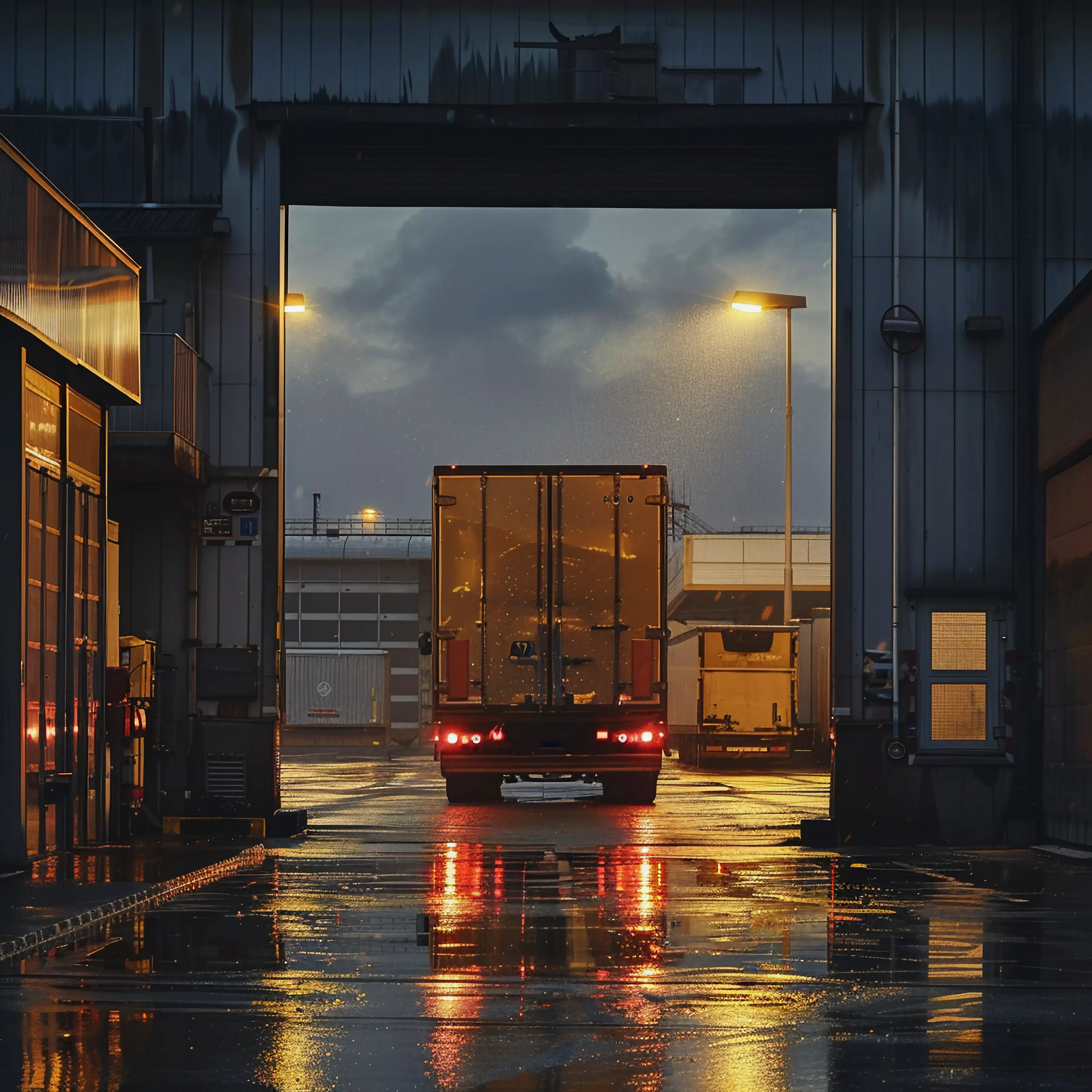 Cross-Border FTL Truckload Shipping trailer departing a distribution facility during evening freight operations