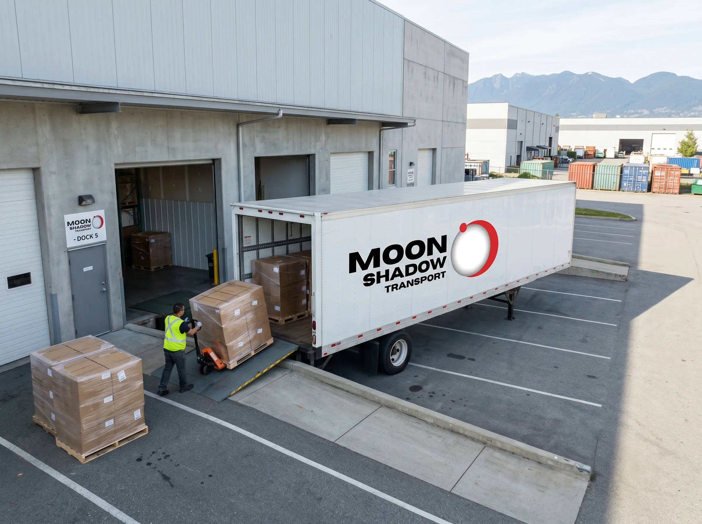Vancouver Freight & Trucking Market distribution center loading freight shipments onto a Moon Shadow Transport trailer in British Columbia
