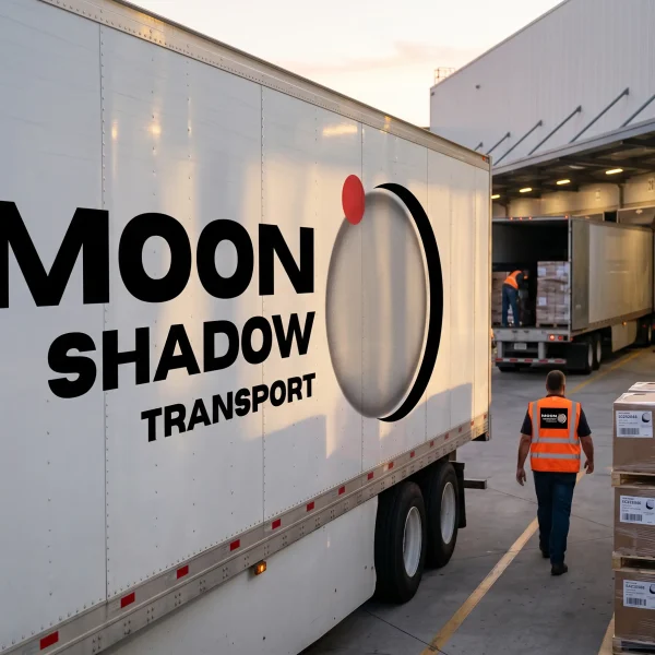 Moon Shadow Transport trailer at a busy Vancouver Freight & Trucking Market logistics facility handling commercial freight shipments