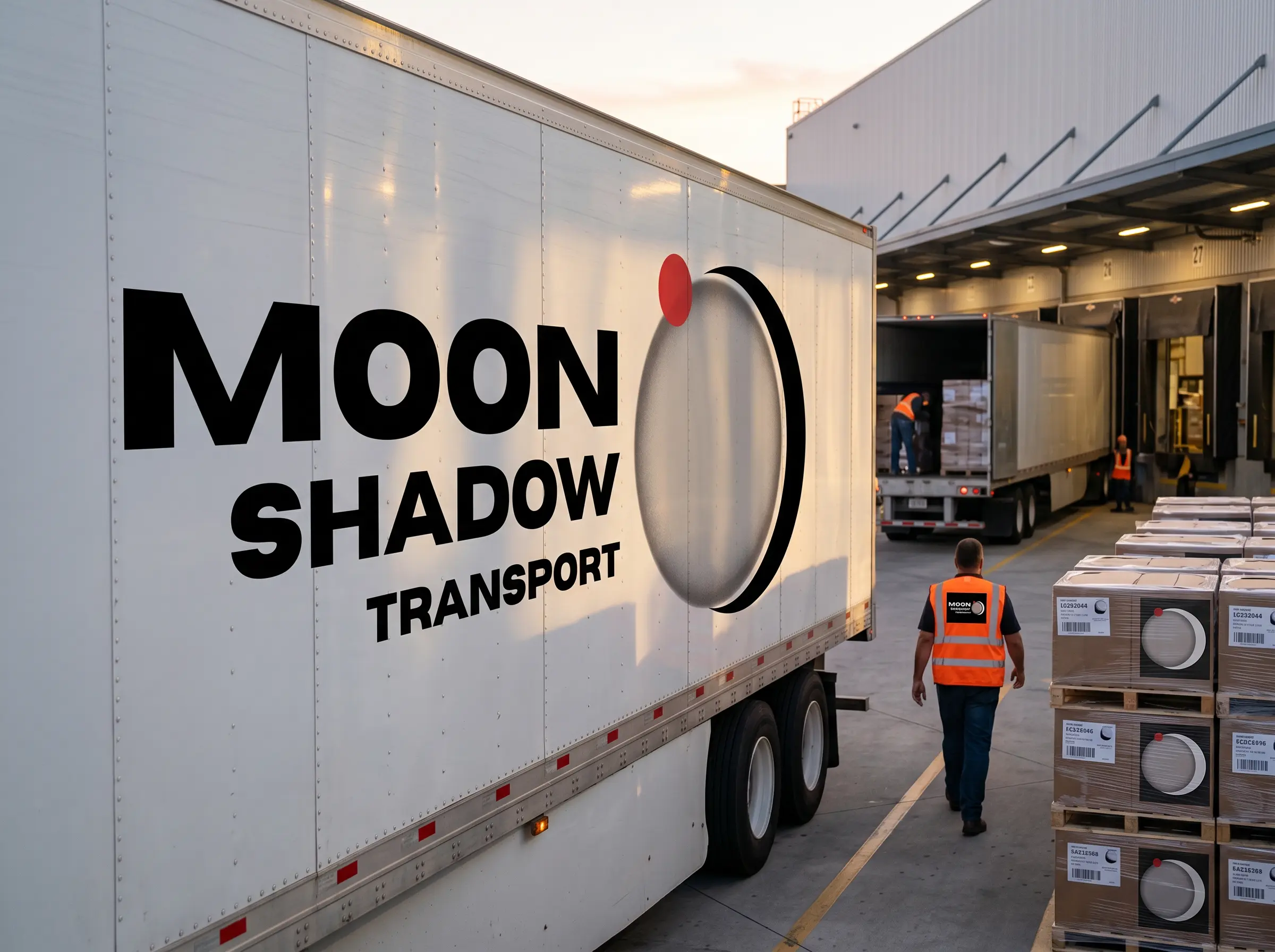 Moon Shadow Transport trailer at a busy Vancouver Freight & Trucking Market logistics facility handling commercial freight shipments
