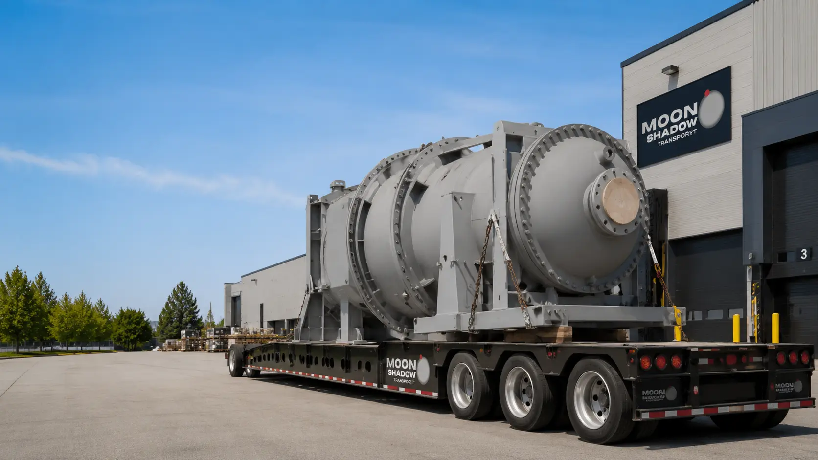 Heavy Haul Trucking BC & Canada moving oversized industrial equipment on a specialized lowboy trailer
