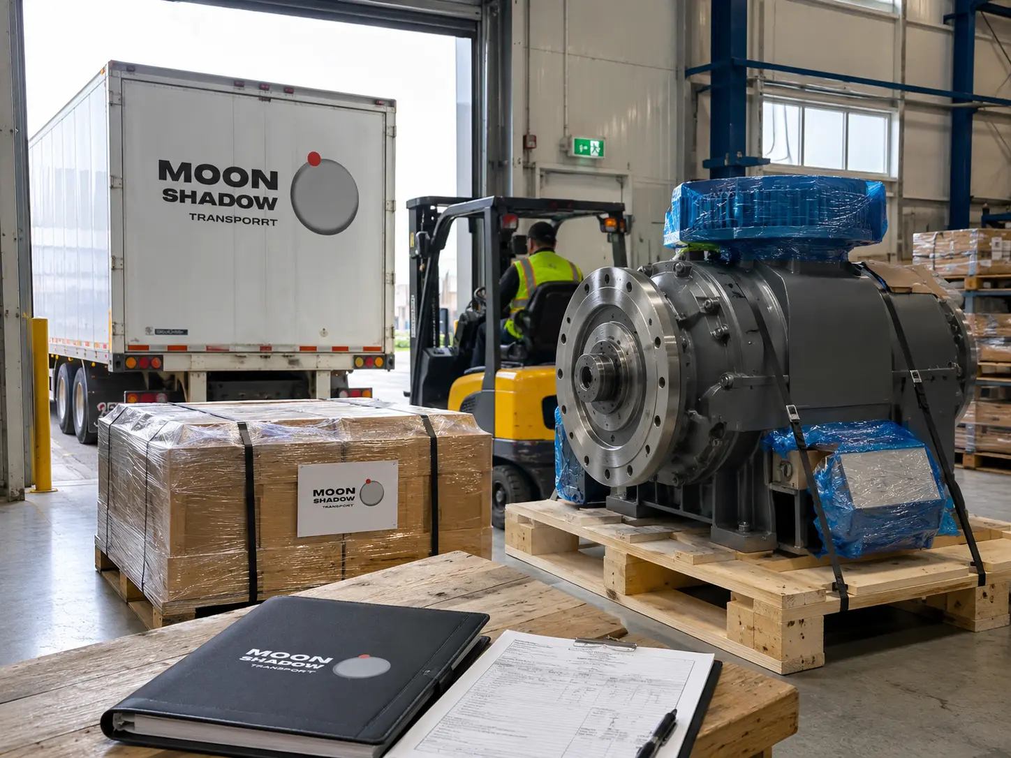 Industrial Freight Transport Canada handling heavy industrial machinery and palletized freight inside a commercial logistics warehouse