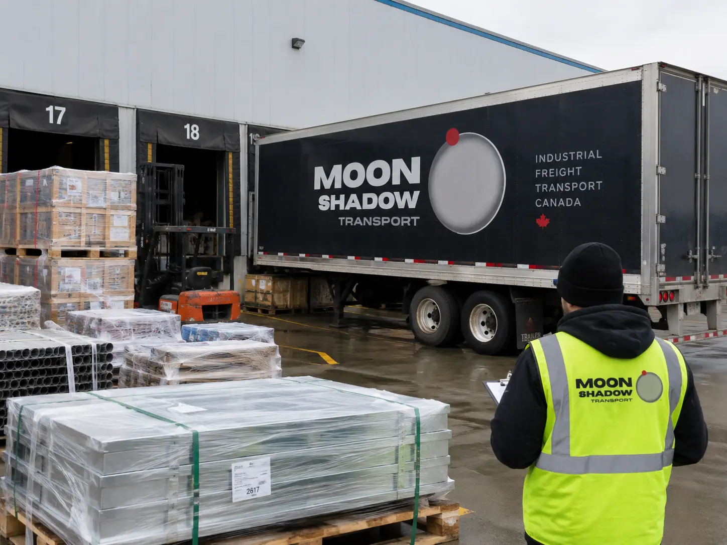 Industrial Freight Transport Canada managing industrial cargo loading at a distribution facility with dedicated freight equipment