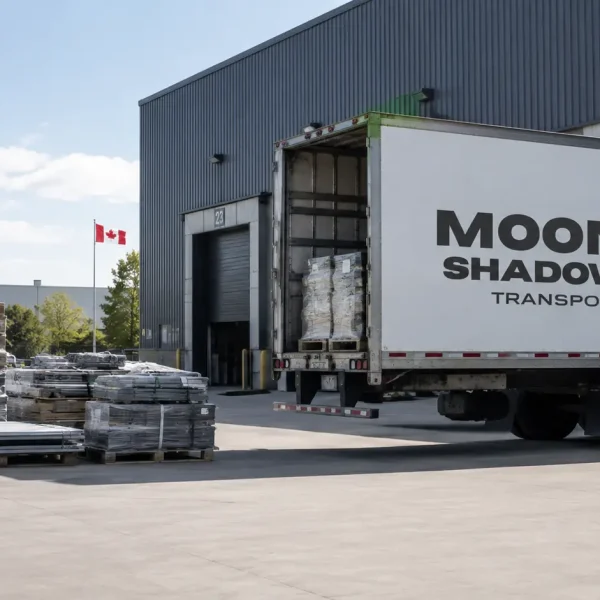 Industrial Freight Transport Canada delivering palletized industrial materials to a commercial warehouse facility