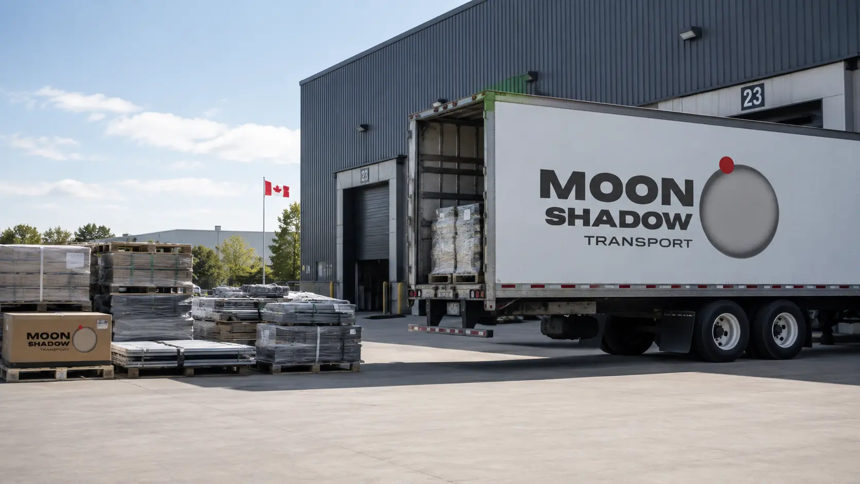 Industrial Freight Transport Canada delivering palletized industrial materials to a commercial warehouse facility
