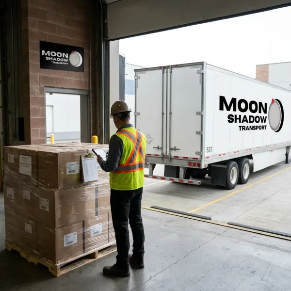 Transport in Vancouver logistics coordinator inspecting palletized freight before commercial truck departure