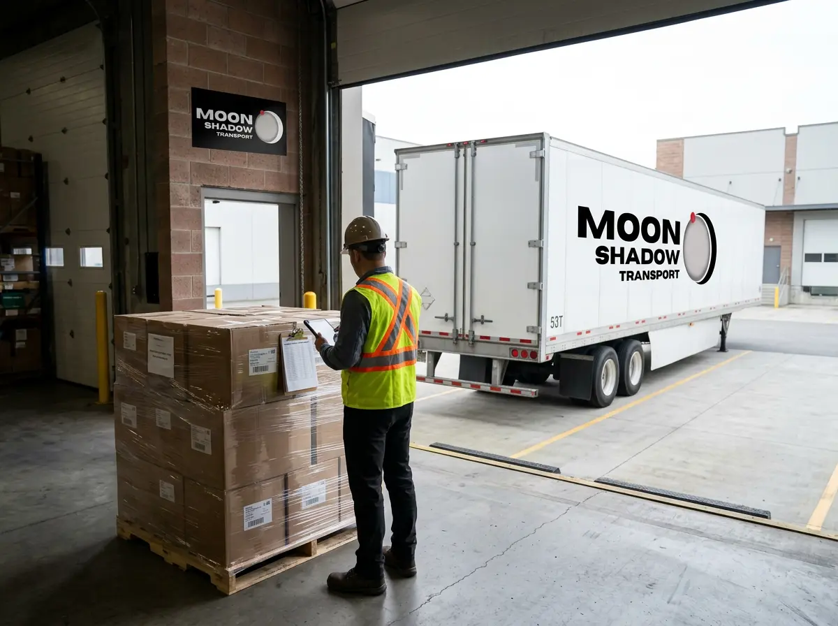 Transport in Vancouver logistics coordinator inspecting palletized freight before commercial truck departure
