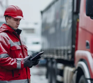 On Time & Fast Freight Canada logistics worker using digital tablet beside commercial truck in winter