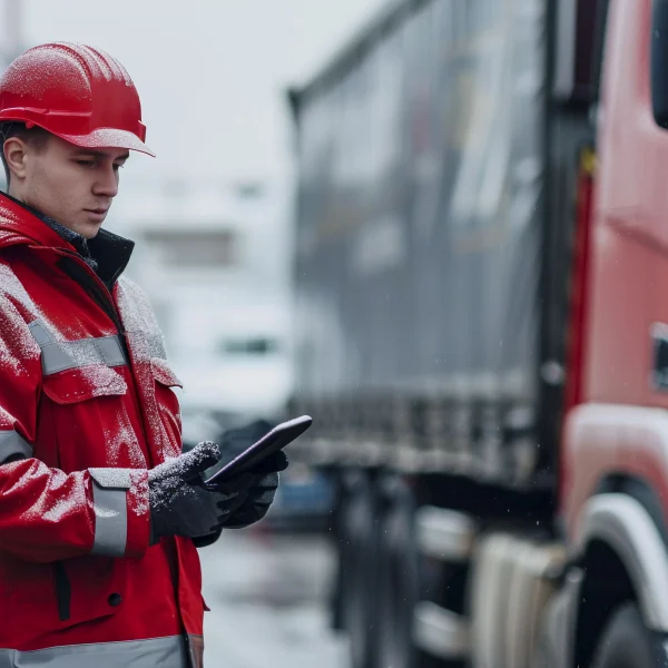 On Time & Fast Freight Canada logistics worker using digital tablet beside commercial truck in winter