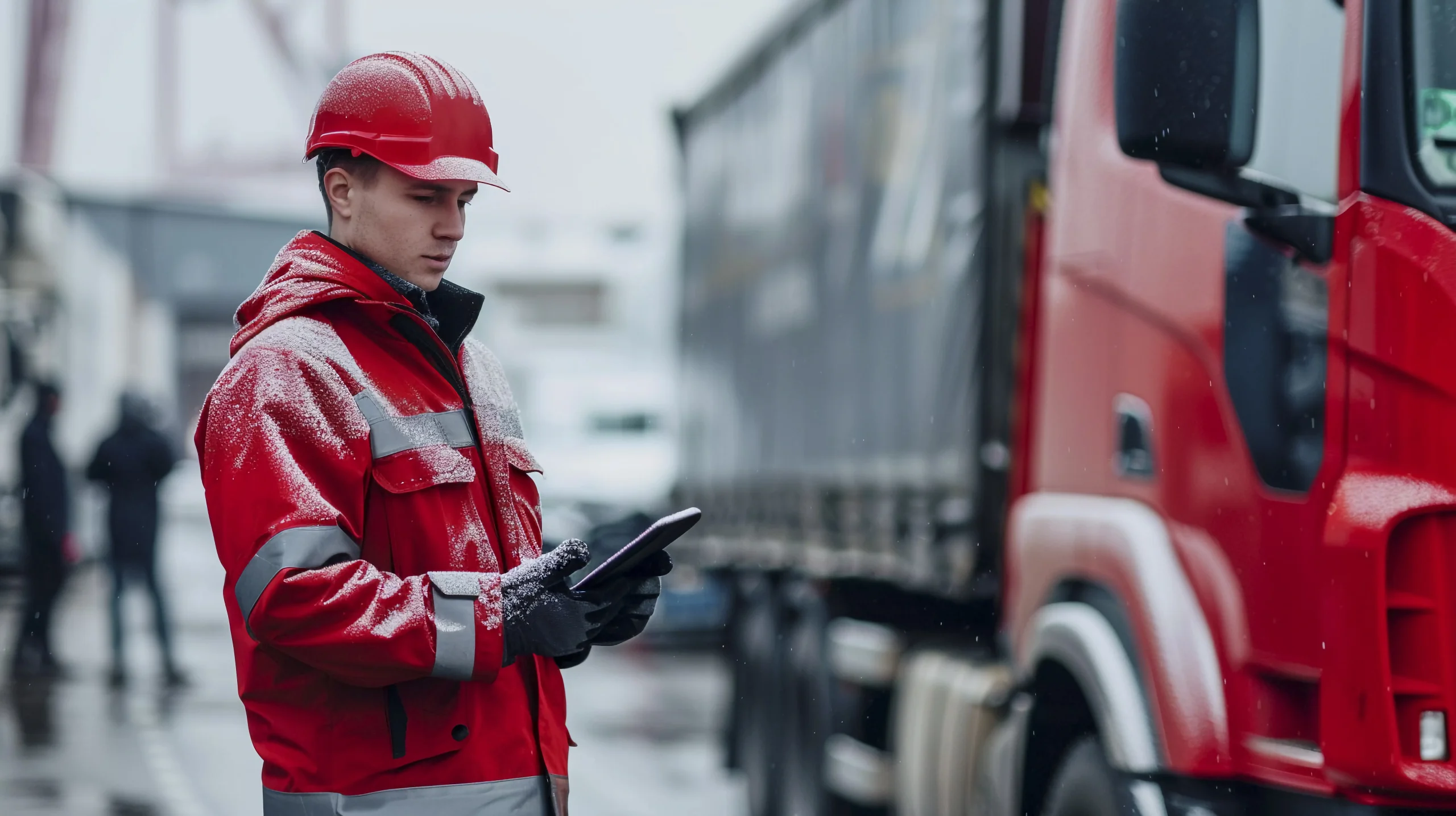 On Time & Fast Freight Canada logistics worker using digital tablet beside commercial truck in winter