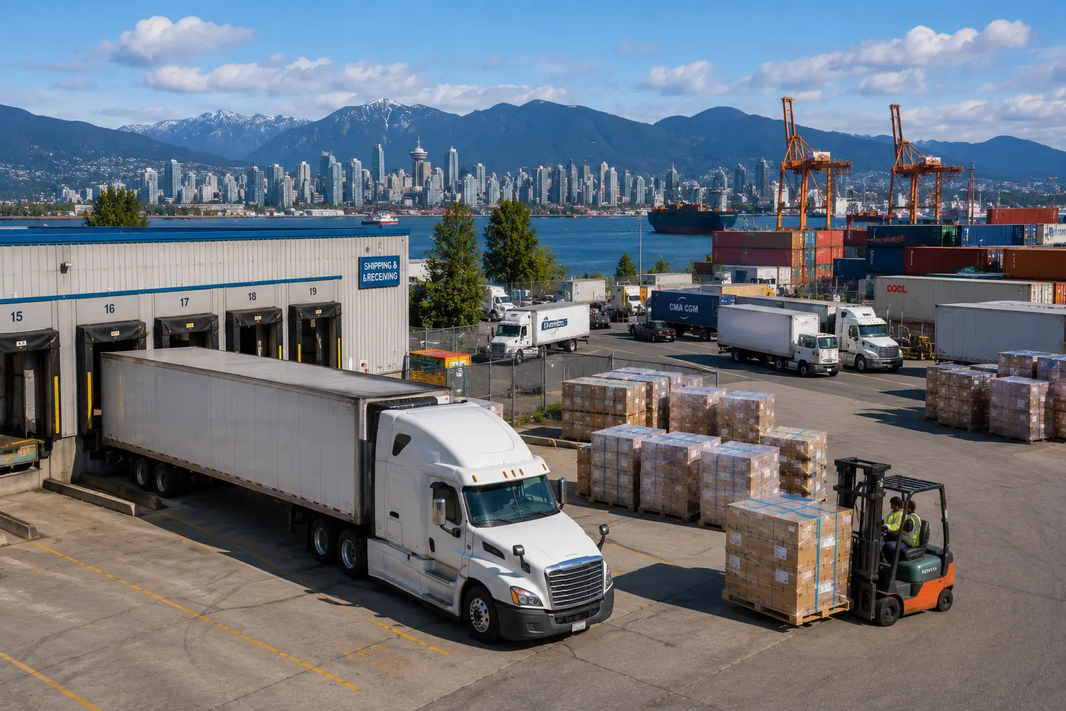Vancouver Freight & Trucking Market truck loading freight at warehouse distribution center in British Columbia