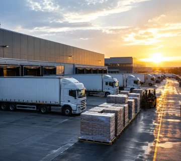 Logistics Management Services Canada distribution center with trucks warehouse and palletized freight