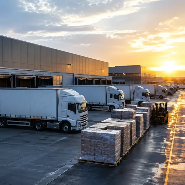 Logistics Management Services Canada distribution center with trucks warehouse and palletized freight