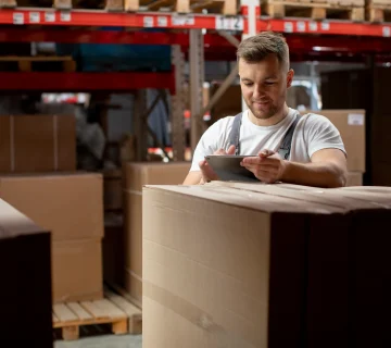 Warehouse employee using a tablet to manage inventory records and shipment information(Warehousing & Distribution in Canada)