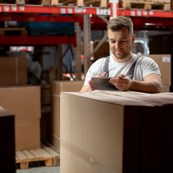 Warehouse employee using a tablet to manage inventory records and shipment information(Warehousing & Distribution in Canada)