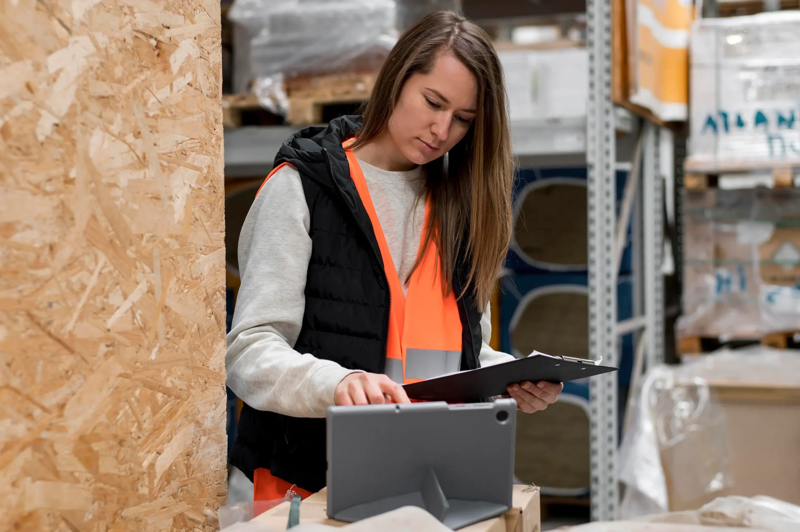 Warehouse operations specialist reviewing inventory data and shipment records using a tablet device