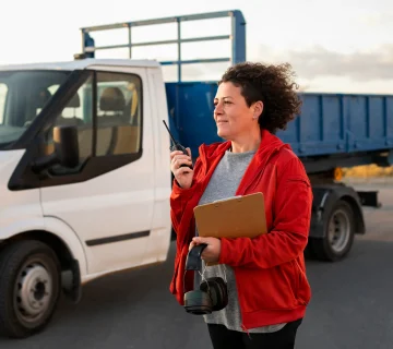 Female freight dispatcher communicating with drivers beside a commercial delivery vehicle in Canada(Load Boards in Canada)