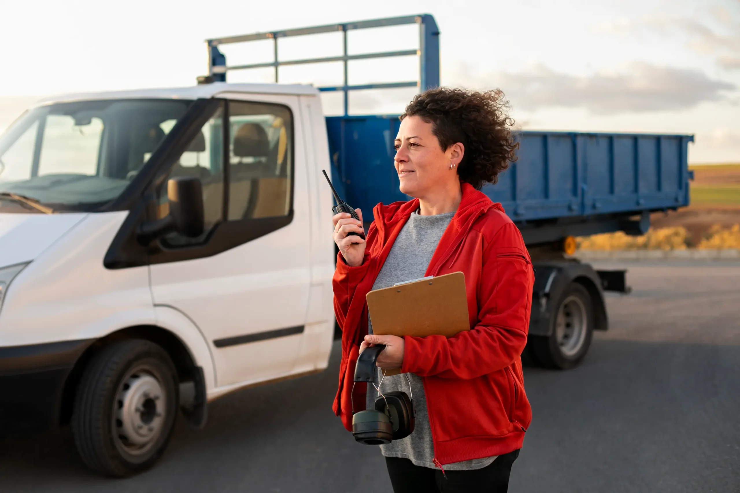 Female freight dispatcher communicating with drivers beside a commercial delivery vehicle in Canada(Load Boards in Canada)
